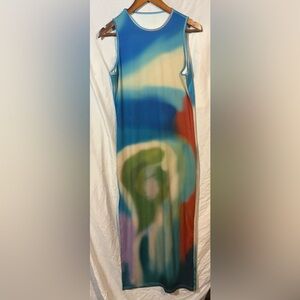 Vibrant Y2K Aesthetic Blurred Print Bodycon Maxi Dress - Blue/Green/Orange